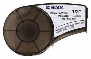 Brady Polyester Polyester Label Tape Cartridge, Black/White, 1/2"W x 21 ft.