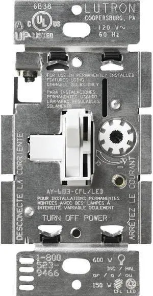 Lutron Toggler Incandescent/Halogen/LED/CFL White Slide Dimmer Switch