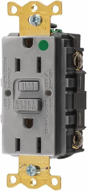 HUBBELL WIRING DEVICE-KELLEMS GFR82GRY GFCI Receptacle, 15A, 125VAC, 5-15R, Gray