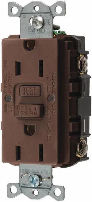 HUBBELL WIRING DEVICE-KELLEMS GFR15 GFCI Receptacle, 15A, 125VAC, 5-15R, Brown