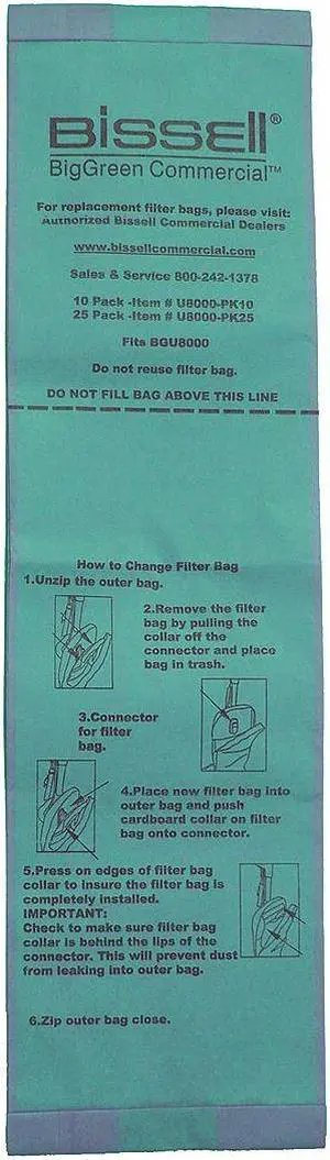 Bissell Commercial Vacuum Bag For Upright Vacuum, PK25   U8000-PK25