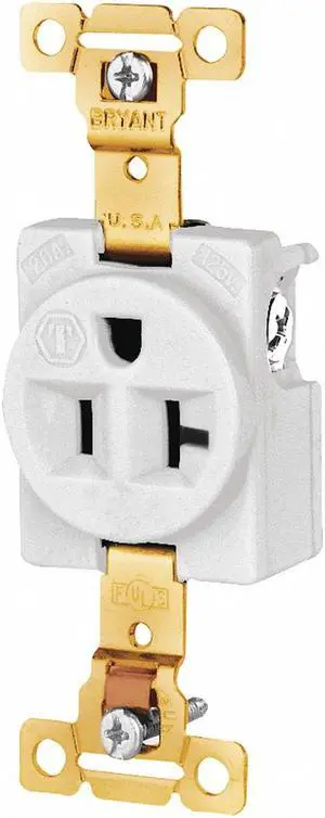 BRYANT 5361W Straight Blade Receptacle, 5-20R, 20 A, 125V AC, 2 Pole, 3 Wire,