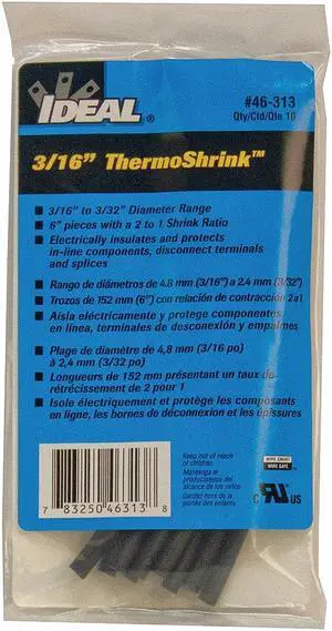 IDEAL 46-313 Heat Shrink Tube, Thin Wall, 2:1 I.D. Shrink Ratio, 0.21 in I.D.