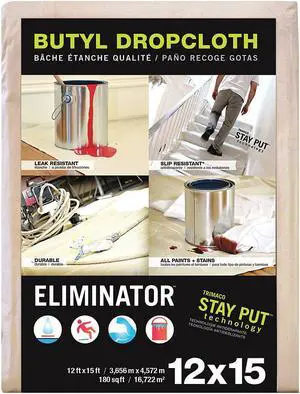 TRIMACO 80322 Eliminator Leakprf/SlipResDropCloth, Wht, 12ftLx15ftW