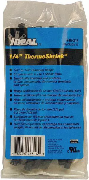IDEAL 46-316 Heat Shrink Tube, Thin Wall, 2:1 I.D. Shrink Ratio, 0.27 in I.D.