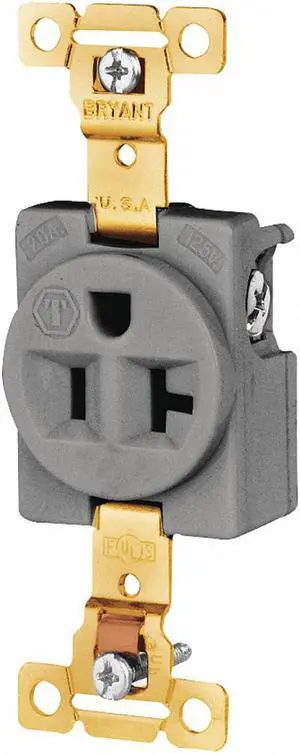 BRYANT 5361GRY Straight Blade Receptacle, 5-20R, 20 A, 125V AC, 2 Pole, 3 Wire,