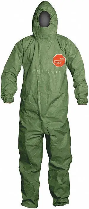 Dupont Hooded Chemical Resistant Coveralls with Elastic Material, Green, M