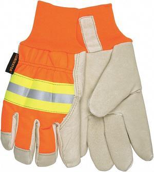 Mcr Safety Leather Gloves,  M,  Beige Palm, HiVis Orange and Yellow Back,  1 PR