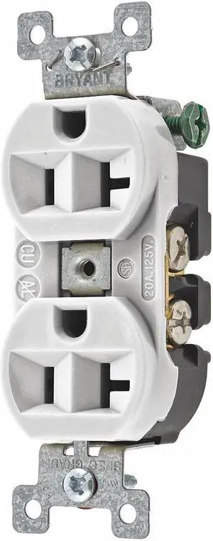 BRYANT 5362BW Straight Blade Receptacle, 5-20R, 20 A, 125V AC, 2 Pole, 3 Wire,
