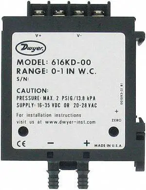 DWYER INSTRUMENTS 616KD-03 Differential pressure transmitter, 0 to 5" w.c.,