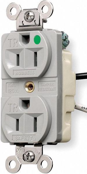 HUBBELL WIRING DEVICE-KELLEMS HBL8200GY Straight Blade Receptacle, 5-15R, 15 A,