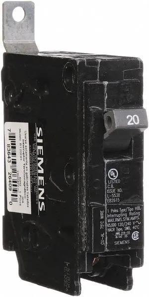 SIEMENS B120HH Miniature Circuit Breaker, BL Series, 20A, 1 Pole, 120/240V AC,