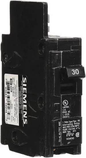 SIEMENS BQ1B030 Miniature Circuit Breaker, BQ Series, 30A, 1 Pole, 120V AC,