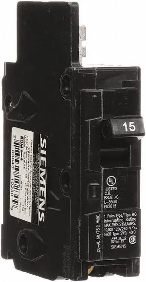 SIEMENS BQ1B015 Miniature Circuit Breaker, BQ Series, 15A, 1 Pole, 120V AC,