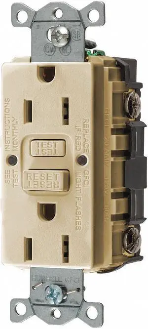 HUBBELL WIRING DEVICE-KELLEMS GFR15I GFCI Receptacle, 15A, 125VAC, 5-15R, Ivory