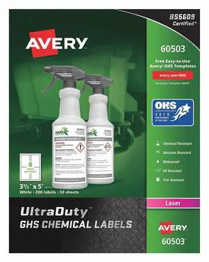 Avery Chem Label, 3-1/2"W x 5"H, 200 Lbls,  PK200  Synthetic Film  60503
