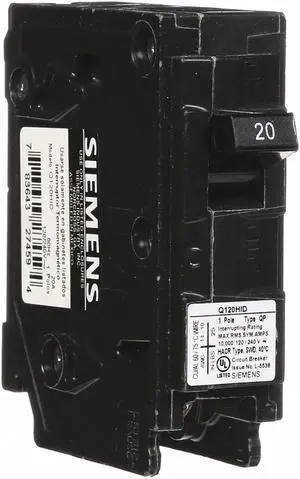 SIEMENS Q120HID Miniature Circuit Breaker, Q Series, 20A, 1 Pole, 120V AC, 10kA