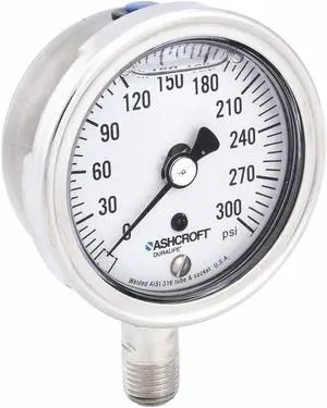 ASHCROFT 251009SWL02L300# Pressure Gauge, 0 to 300 psi, 1/4 in MNPT, Stainless