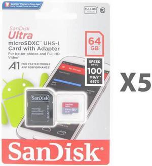SanDisk 64GB microSDXC Class 10 SDSQUAR-064G-GN6MA Memory Card Retail (5 Pack) with Adapter