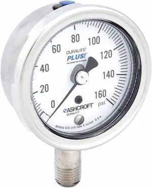 ASHCROFT 251009SW02LXLL160 Industrial Pressure Gauge, 0 to 160 psi, 2 1/2 in