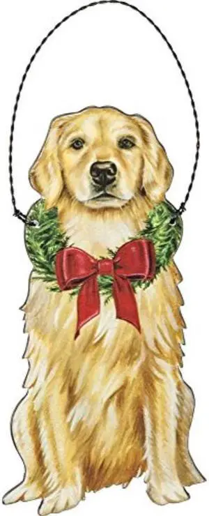 Primitives by Kathy Christmas Golden Retriever Wooden Decorative Hanging Ornament Primitives by Kathy Christmas Golden Retriever Wooden Decorative Hanging Ornament