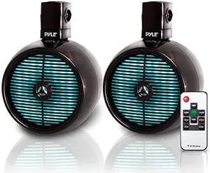 Pyle Marine Speakers - 8 Inch Waterproof IP44 Rated Wakeboard Tower and Weather Resistant Outdoor Audio Stereo Sound System with Built-in LED Lights - 1 Pair in Black (PLMRWB858LE)