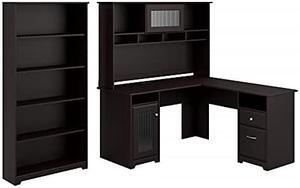 Cabot L Shaped Desk with Hutch and 5 Shelf Bookcase in Espresso Oak