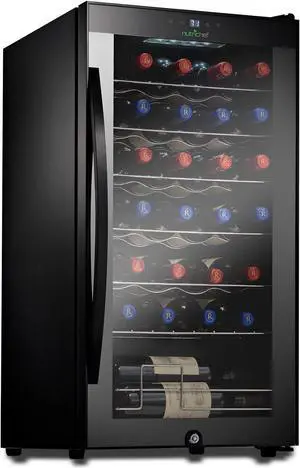Nutrichef 28 Bottle compressor Wine cooler Refrigerator cooling System  Large Freestanding Wine cellar Fridge For Red And White champagne or Sparkling Black glass Door