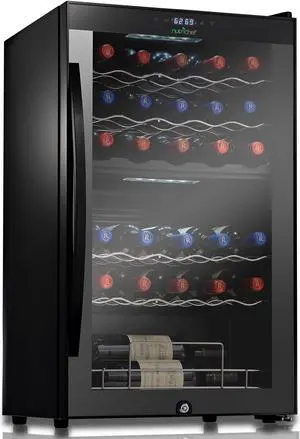 Nutrichef PKcWcDS335 33 Bottle compressor cooler Dual-Zone Refrigerator cooling System  Large Freestanding Wine cellar Fridge for Red White champagne or Sparkling Black glass Door
