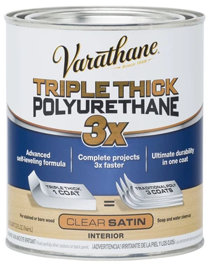 Triple Thick Polyurethane Satin Wood Finish One Coat Protection, Self-Leveling Formula, Scratch And Stain Resistance, Crystal Clear Finish, Quart Triple Thick Polyurethane Satin Wood Finish One Coat Protection, Self-Leveling Formula, Scratch And Stain Resistance, Crystal Clear Finish, Quart