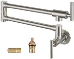 Pot Filler Faucet Brushed Nickel, Brass Pot Filler Wall Mount Kitchen Stove Faucet with Double Joint Swing Arms Pot Filler Faucet Brushed Nickel, Brass Pot Filler Wall Mount Kitchen Stove Faucet with Double Joint Swing Arms