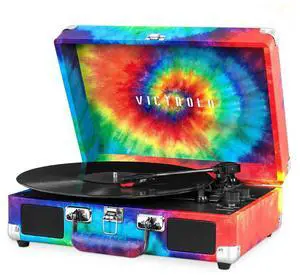 Journey - Bluetooth Suitcase Record Player - Tie Dye | Built-in stereo speakers, 3-speed turntable plays 7", 10" and 12" records, Bluetooth streaming, headphone jack Journey - Bluetooth Suitcase Record Player - Tie Dye | Built-in stereo speakers, 3-speed turntable plays 7", 10" and 12" records, Bluetooth streaming, headphone jack