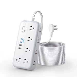 Flat Extension Cord 15 FT, Long Power Strip with 10 Widely Outlets 4 USB Ports (2 USB C), 3 Side, 2700J, Wall Mount Multiple Outlets for Home Office, White, SurgePro Flat Extension Cord 15 FT, Long Power Strip with 10 Widely Outlets 4 USB Ports (2 USB C), 3 Side, 2700J, Wall Mount Multiple Outlets for Home Office, White, SurgePro