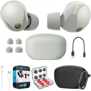 WF-1000XM5 Industry Leading Noise Canceling Truly Wireless Earbuds (Silver) Bundle with Silicone Case (Black), Memory Foam Ear Tips, USB-A to USB-C Cable & 1 YR CPS Enhanced Protection Pack WF-1000XM5 Industry Leading Noise Canceling Truly Wireless Earbuds (Silver) Bundle with Silicone Case (Black), Memory Foam Ear Tips, USB-A to USB-C Cable & 1 YR CPS Enhanced Protection Pack