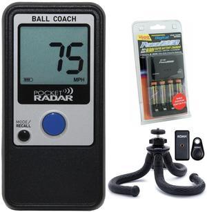 Pocket Radar Ball Coach Pro-Level Speed Training Tool and Radar Gun Bundle with Rapid Charger with Four Rechargeable Batteries, Waterproof Tripod with Bluetooth (3 Items)