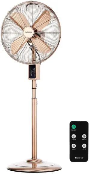 16" Copper Digital Metal Stand Fan, 75° Oscillation, 3 Speeds, 4 Blades, 3 Modes, 7.5-Hour Timer, Adjustable Height, 20° Head Tilt, Ideal for Home, Bedroom or Office, Remote Control