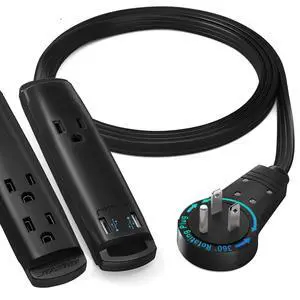 1FT Extension Cord with USB Ports, 360 Rotating Flat Plug, 3-Outlet (2 USB Ports), Grounded (Black) 1FT Extension Cord with USB Ports, 360 Rotating Flat Plug, 3-Outlet (2 USB Ports), Grounded (Black)