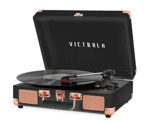 Journey - Bluetooth Suitcase Record Player - Black Rose Gold Built-in stereo speakers, 3-speed turntable plays 7", 10" and 12" records, Bluetooth streaming, headphone jack Journey - Bluetooth Suitcase Record Player - Black Rose Gold Built-in stereo speakers, 3-speed turntable plays 7", 10" and 12" records, Bluetooth streaming, headphone jack