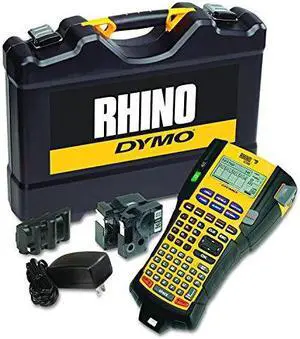 dymo rhino 5200 industrial label maker cary case kit with 2 rolls of vinyl labels, 3/4" & 3/8", black on white 1756589