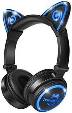mindkoo unicat mh6 kids bluetooth headphones,cat ear v4.2 bluetooth headsets onear earphones wtih mic,patented led flashing glowing cosplay fancy foldable gaming headsets  black