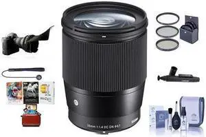 sigma 16mm f/1.4 dc dn contemporary lens for sony emount cameras, black  bundle with 67mm filter kit, flex lens shade, cleaning kit, capleash ii, lenspen lens cleaner, pc software package