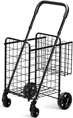 Costway Folding Shopping Cart Jumbo Basket Rolling Utility Trolley Adjustable Handle