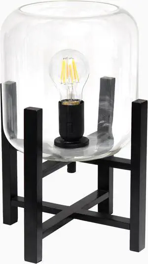 Simple Designs Black Wood Mounted Table Lamp with Clear Glass Cylinder Shade