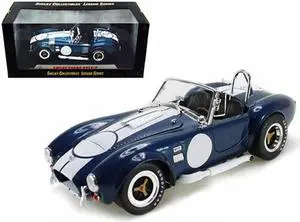 1965 Shelby Cobra 427 S/C Dark Blue Metallic with White Stripes with Printed Carroll Shelby's Signature on the Trunk 1/18 Diecast Model Car by Shelby Collectibles