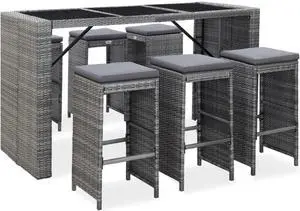 vidaXL 7 Piece Garden Bar Set with Cushions Poly Rattan Gray