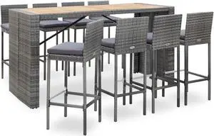 vidaXL 9 Piece Outdoor Bar Set Poly Rattan and Acacia Wood Gray