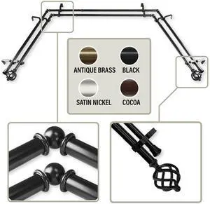 Roman 13/16 inch Bay Window Double Curtain Rod 20"-36", 38"-72" - Black