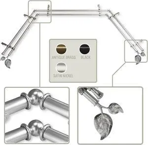 Eve 13/16 inch Bay Window Double Curtain Rod 20"-36", 38"-72" - Satin Nickel