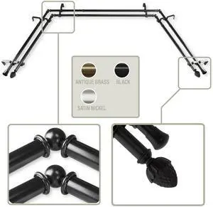 Cupule 13/16 inch Bay Window Double Curtain Rod 20-36", 38-72" - Black