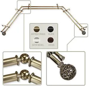 Ruston 13/16 inch Bay Window Double Curtain Rod 20-36", 38-72" - Antique Brass